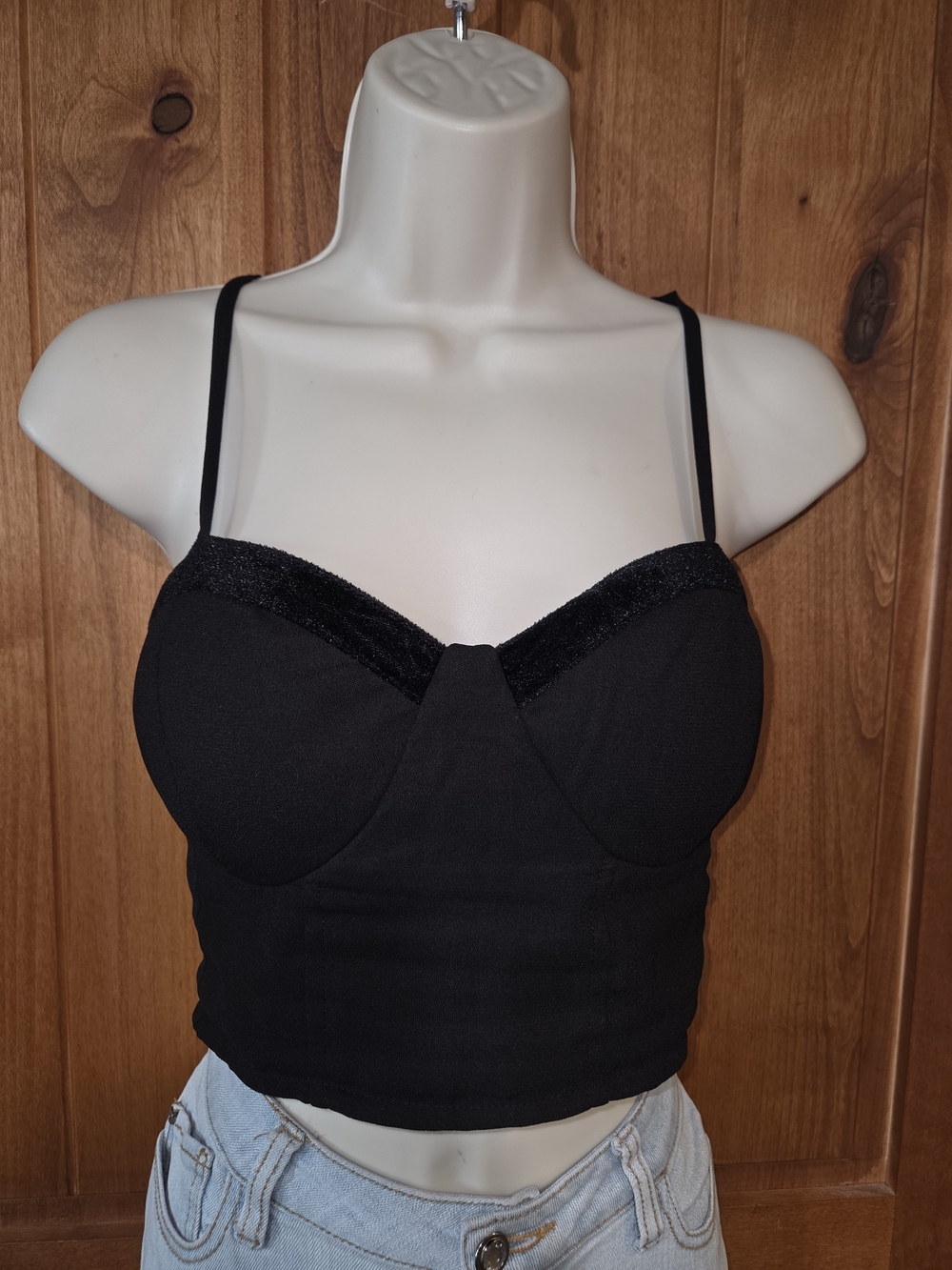 Black Bustier‎ Crop Top with Velvet Trim